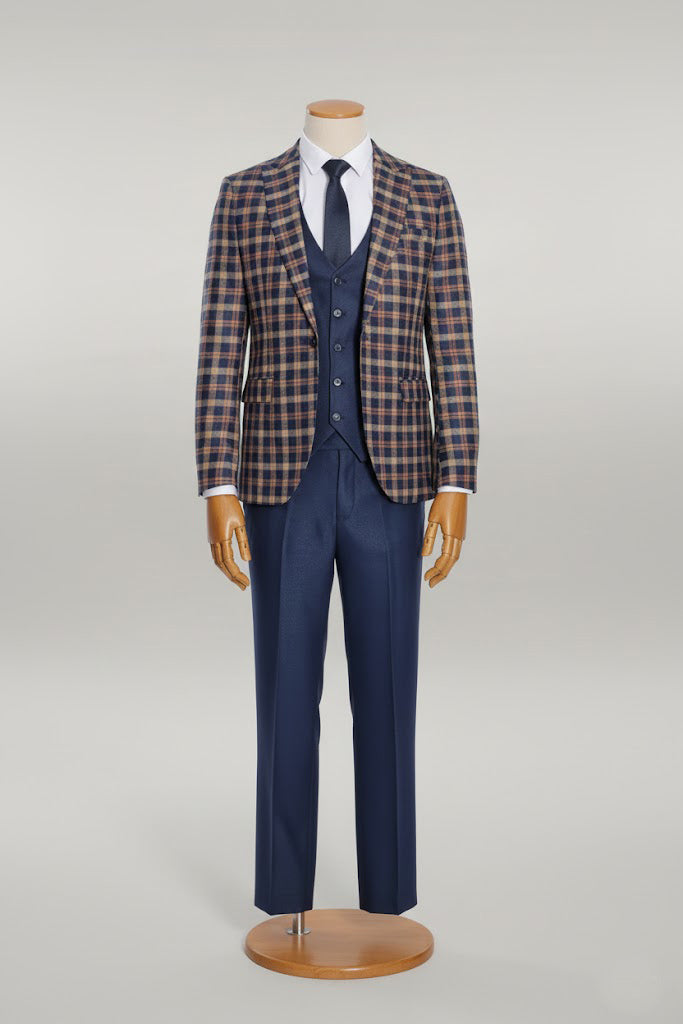 Mens Navy Blue Slim Plaid Suit