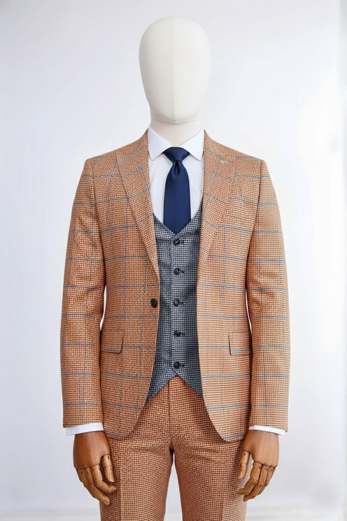 Orange Slim Fit Plaid Suit for Men