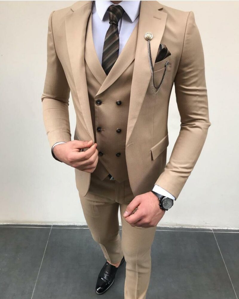 Beige Slim Fit Cotton Suit by BespokeDailyShop.com with Free Worldwide Shipping