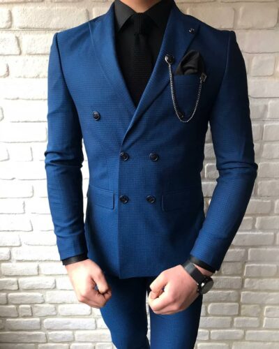 Dickinson Blue Slim Fit Double Breasted Cotton Suit - Bespoke Daily
