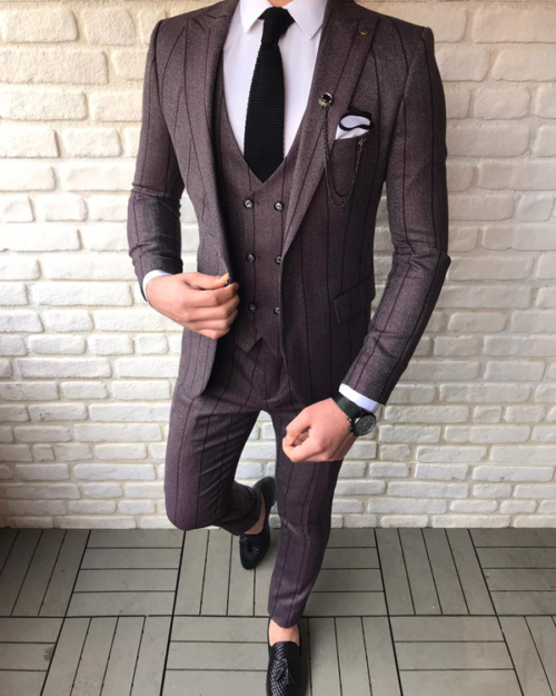 Camillus Burgundy Slim Fit Chalk Stripe Suit