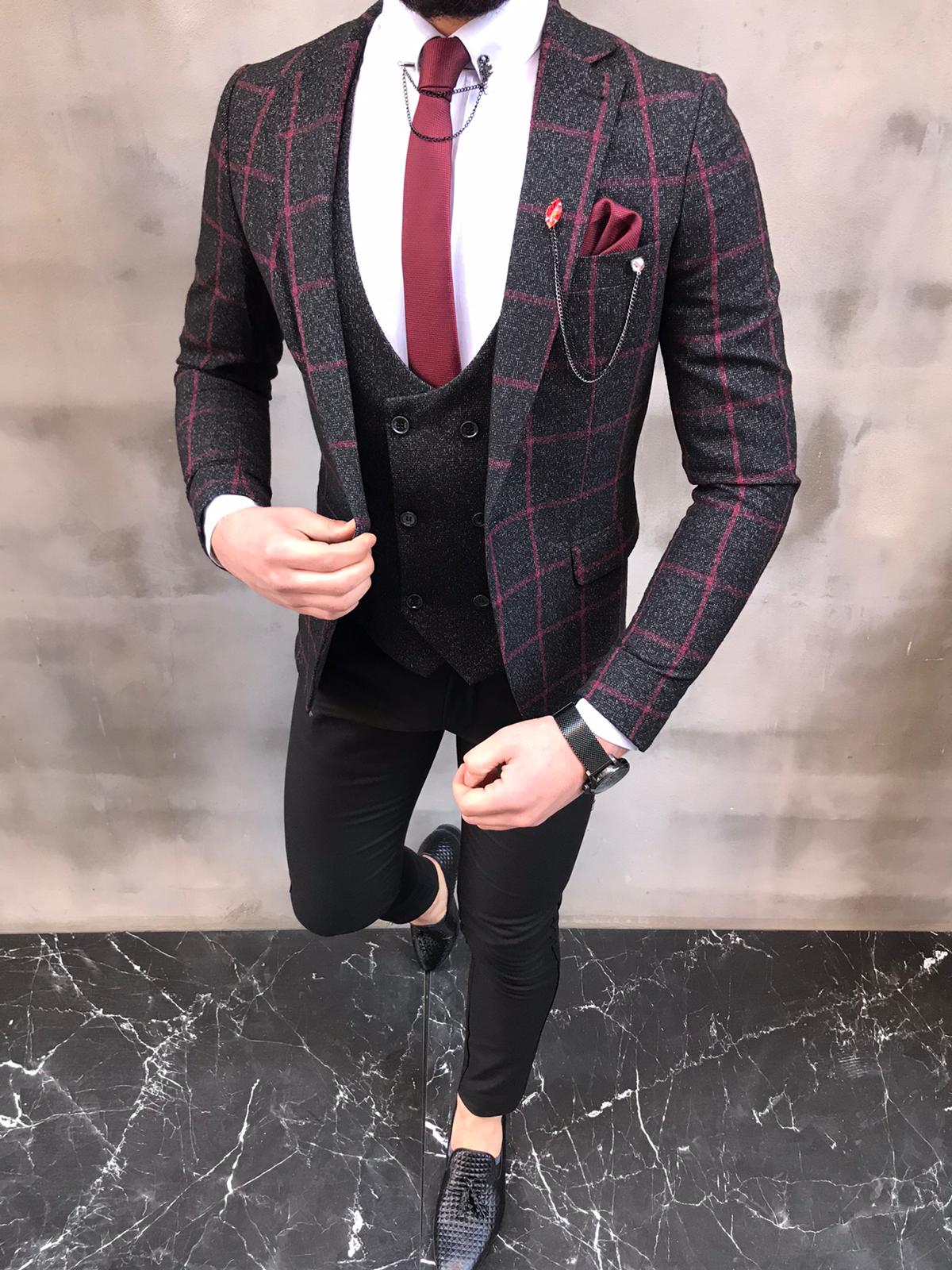 Crofton Black Slim Fit Plaid Check Suit - Bespoke Daily