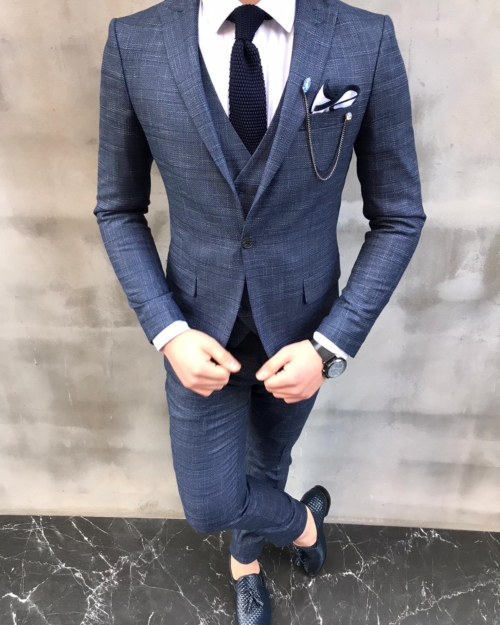 Blue Slim Fit Crosshatch Suit