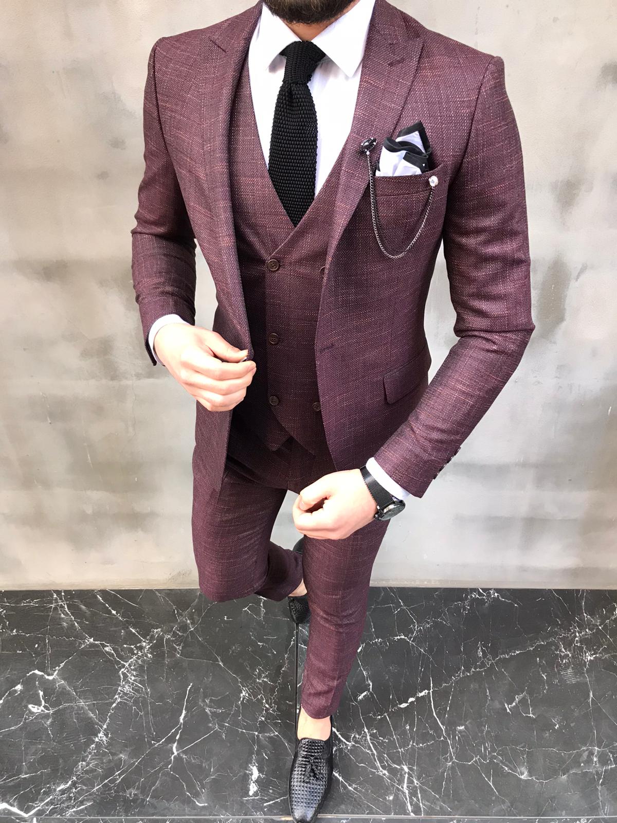 Crofton Burgundy Slim Fit Crosshatch Suit - Bespoke Daily