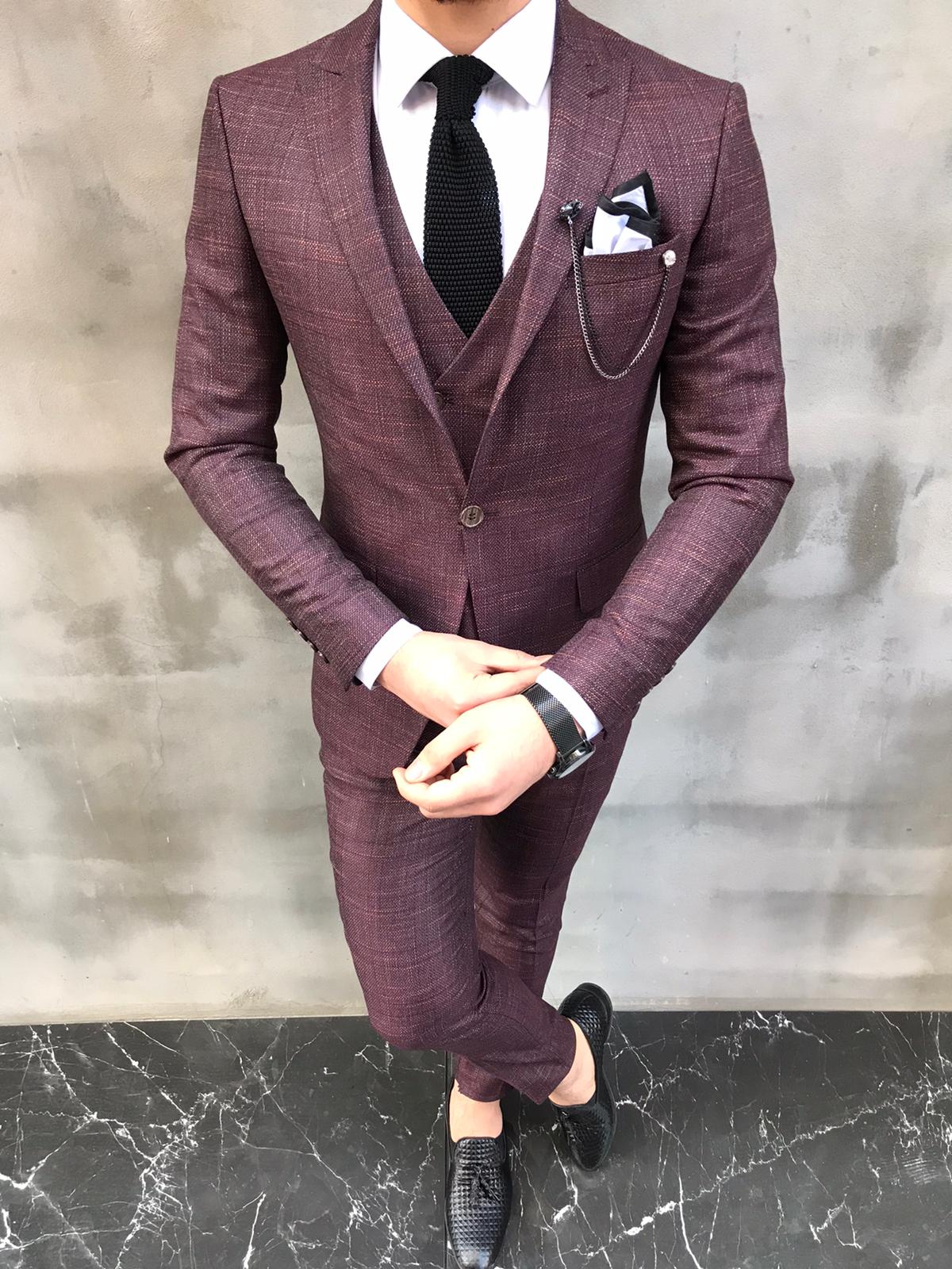 Crofton Burgundy Slim Fit Crosshatch Suit - Bespoke Daily