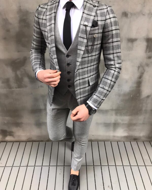 Crofton Gray Slim Fit Plaid Check Wool Suit - Bespoke Daily
