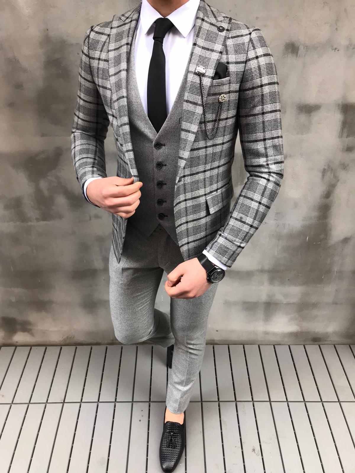 Crofton Gray Slim Fit Plaid Check Wool Suit - Bespoke Daily