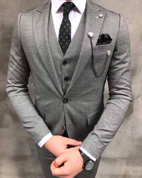Gray Slim Fit Plaid Suit