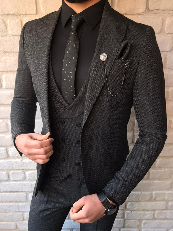 Fremont Black Slim Fit Patterned Suit - Bespoke Daily
