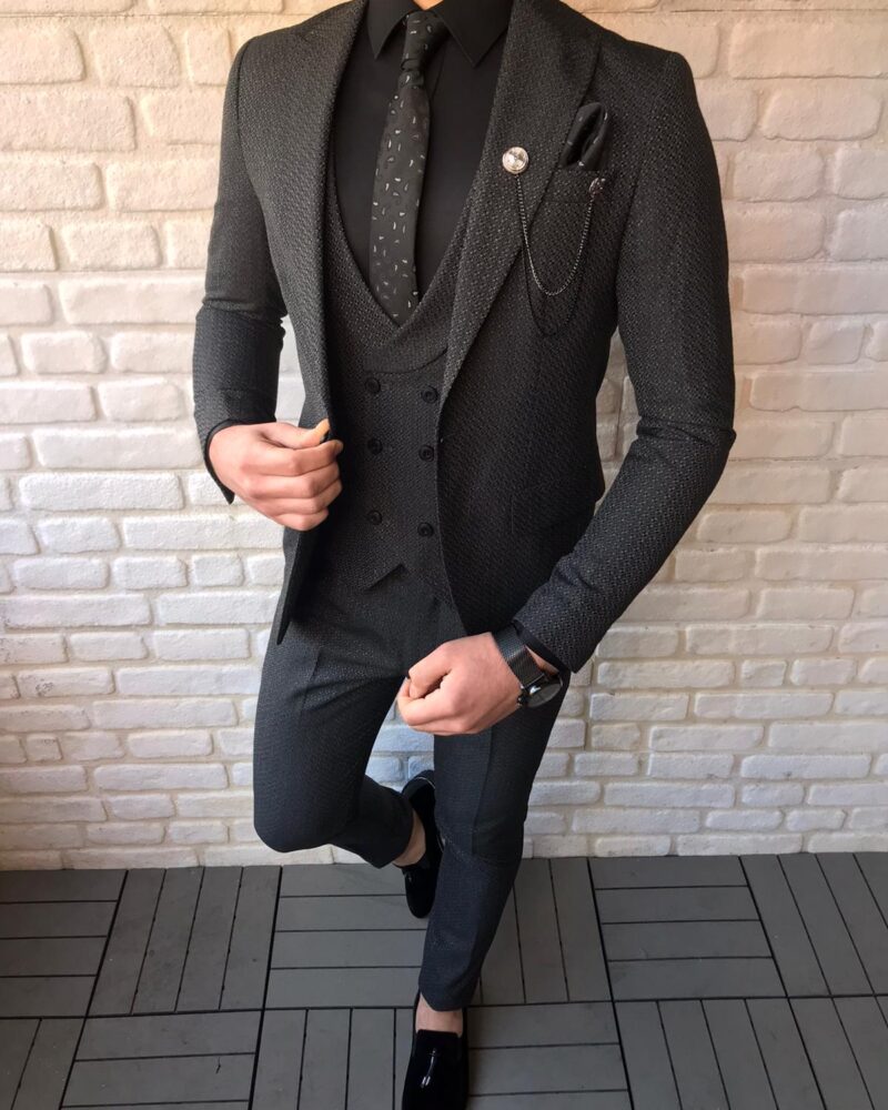 Black Slim Fit Patterned Suit by BespokeDailyShop.com with Free Worldwide Shipping