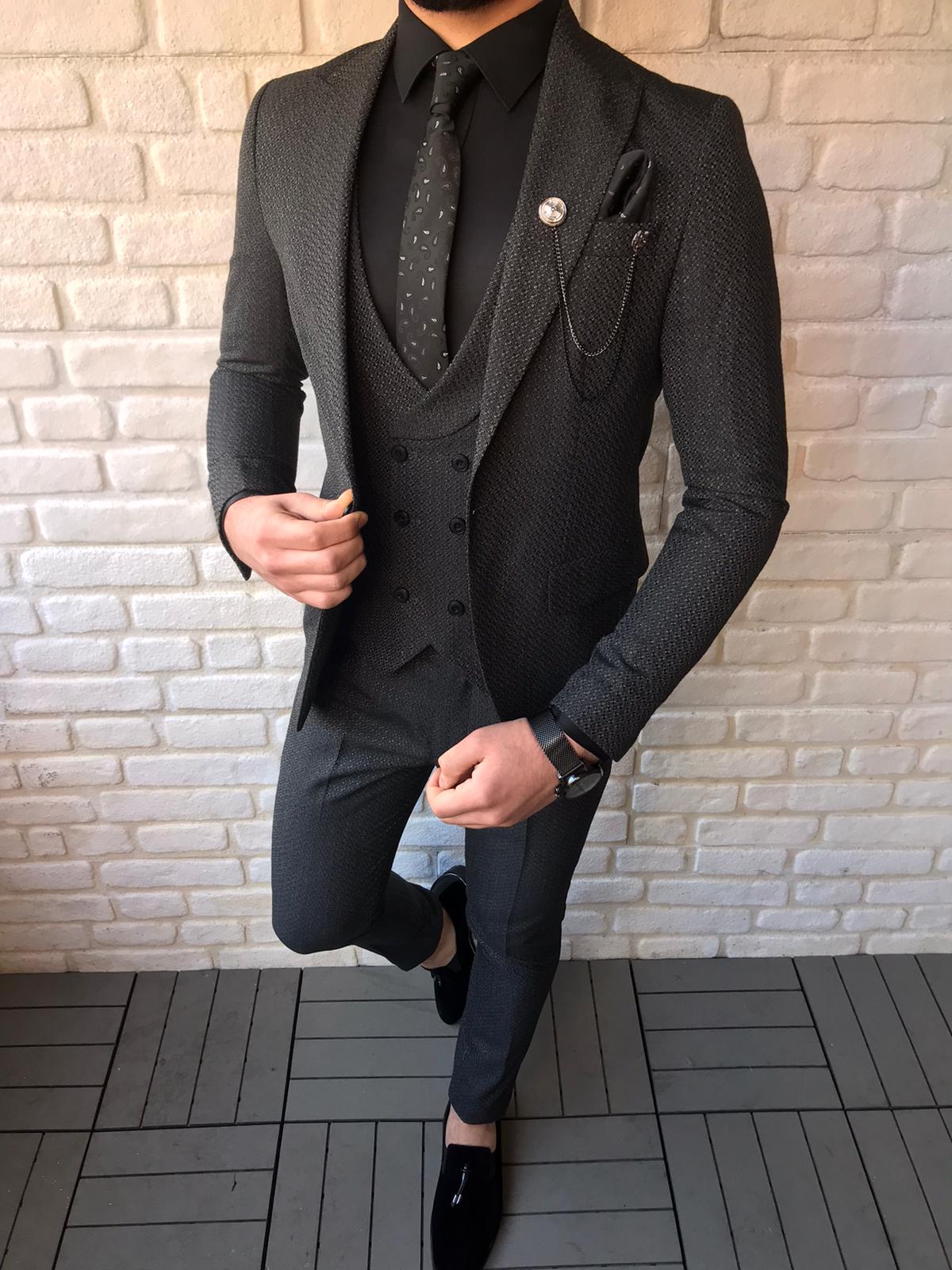 Fremont Black Slim Fit Patterned Suit 