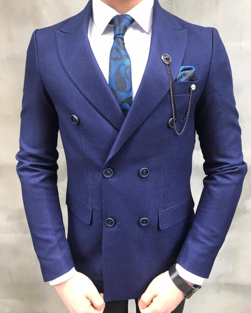 Fremont Blue Slim Fit Double Breasted Blazer - Bespoke Daily