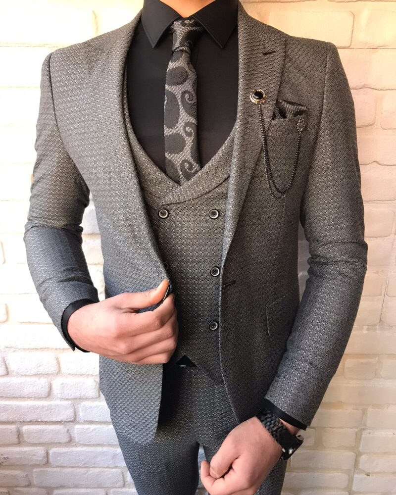 Gray Slim Fit Patterned Suit by BespokeDailyShop.com with Free Worldwide Shipping