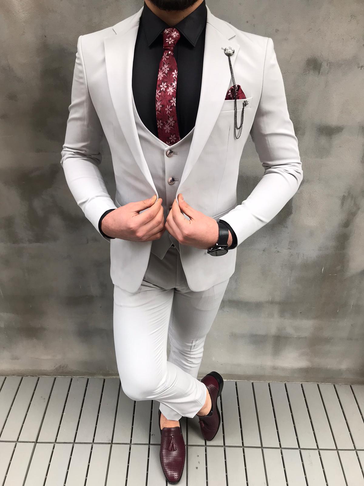 Off White Slim Fit 2 Piece Peak Lapel Suit for Men by BespokeDailyShop