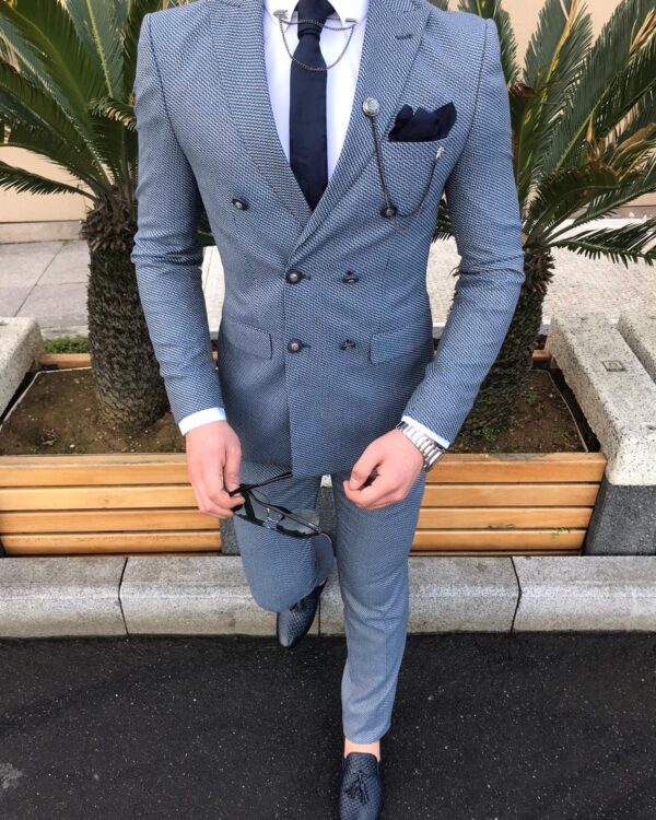 Newark Blue Slim Fit Double Breasted Wool Suit - Bespoke Daily