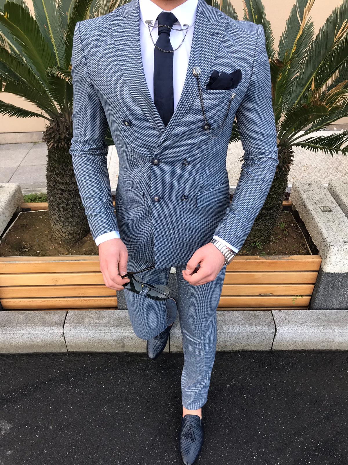 Newark Blue Slim Fit Double Breasted Wool Suit Bespoke Daily