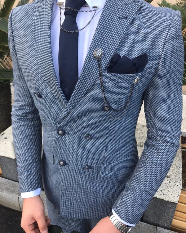 Newark Blue Slim Fit Double Breasted Wool Suit - Bespoke Daily