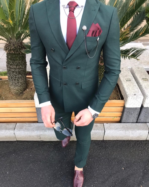 Green Slim Fit Double Breasted Suit