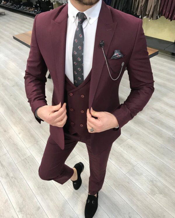 Buy Burgundy Slim Fit Wool Suit by BespokeDaily | Worldwide Shipping
