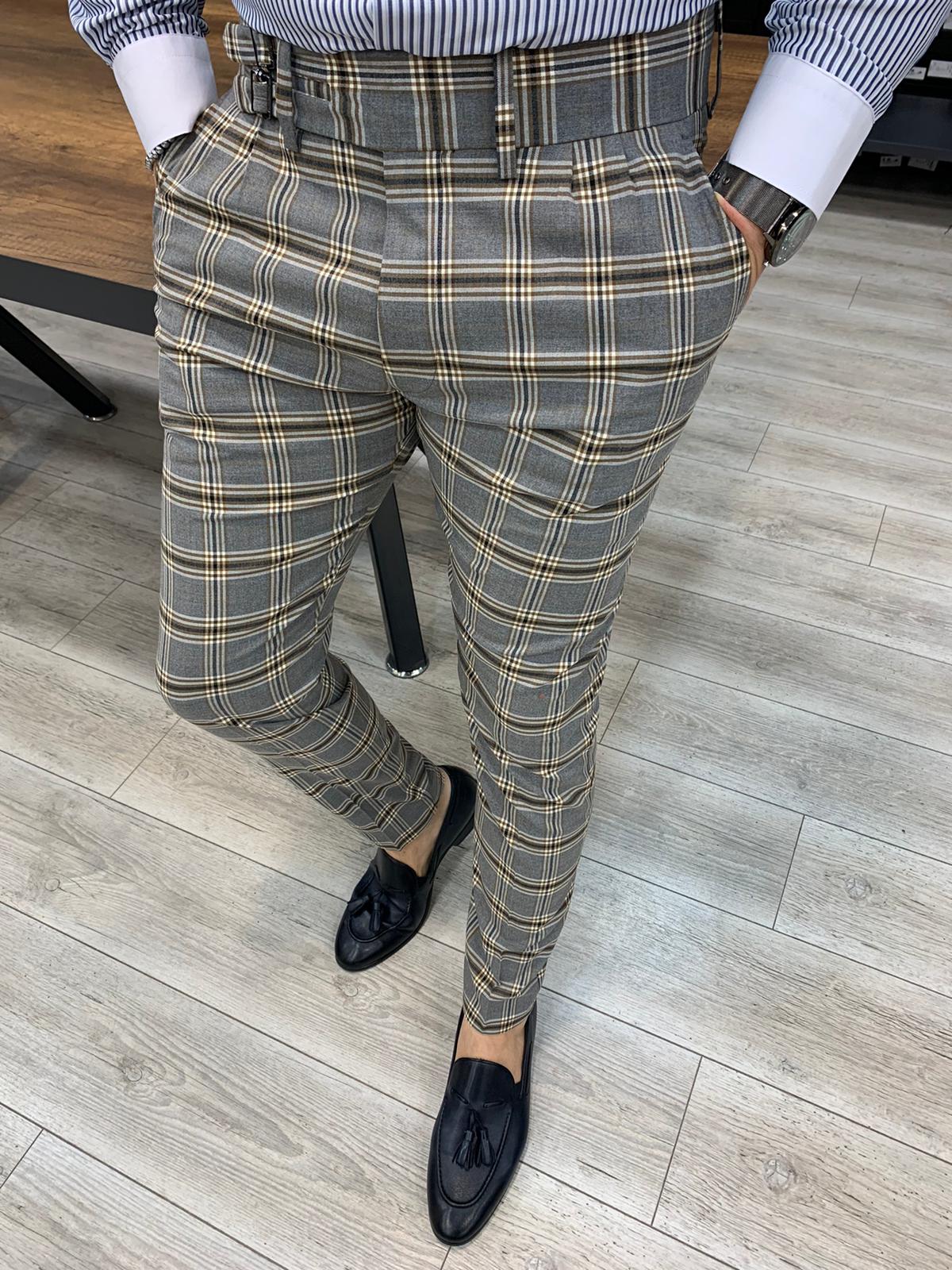 Bethesda Gray Slim Fit Plaid Check Pleated Pants - Bespoke Daily