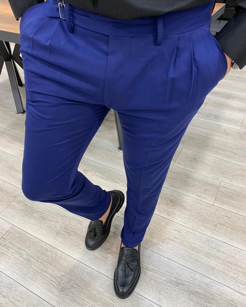 Salem Blue Slim Fit Pleated Pants - Bespoke Daily