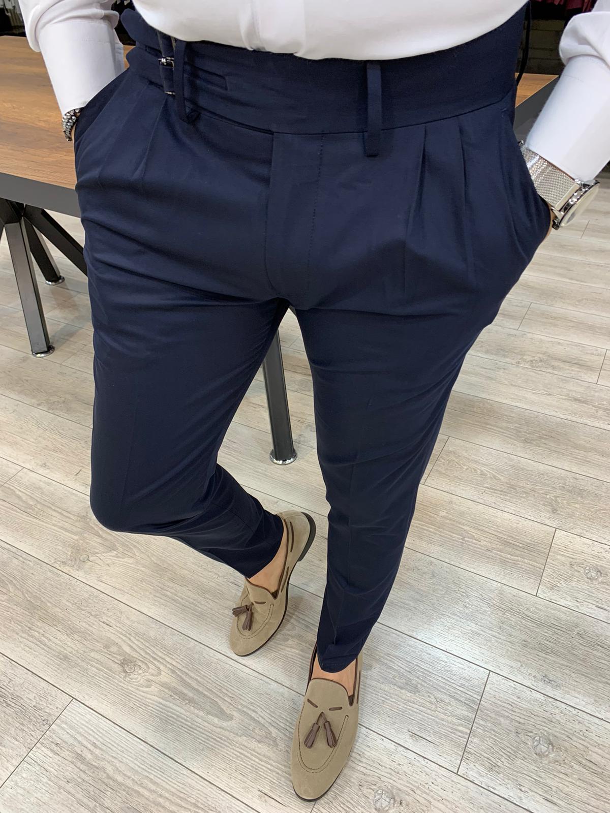 Salem Navy Blue Slim Fit Pleated Pants - Bespoke Daily