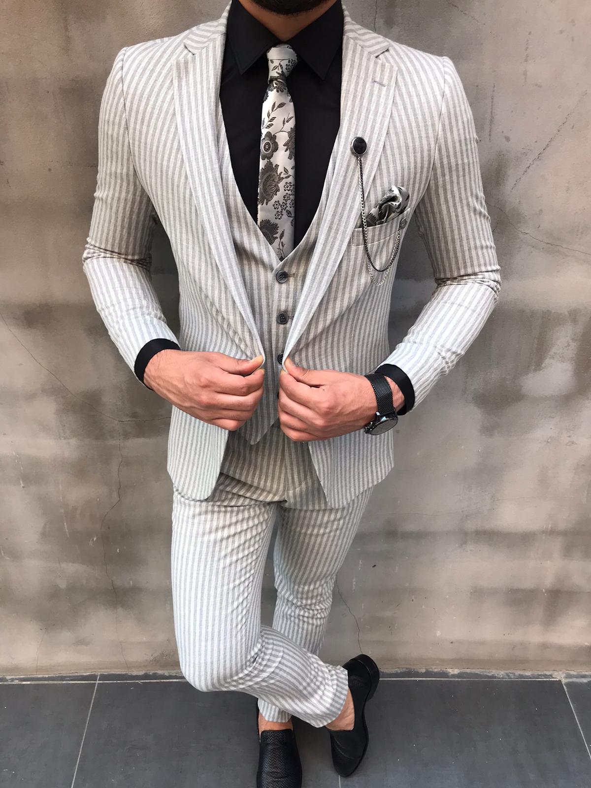Livonia Gray Slim Fit Striped Suit - Bespoke Daily