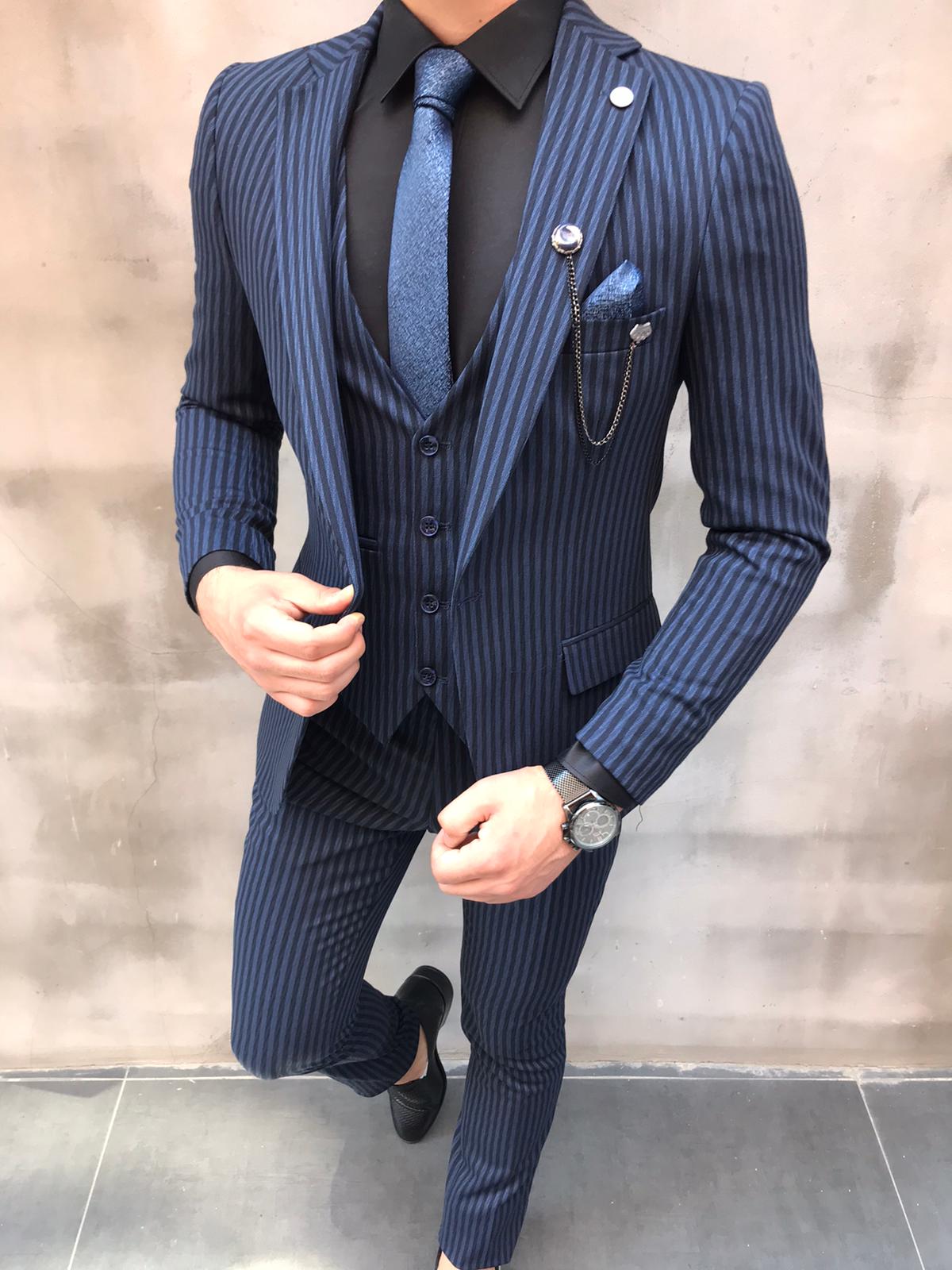 Shop Navy Blue, Knitted, Peak Lapel Invisible Stripe Suit - Deji & Kola