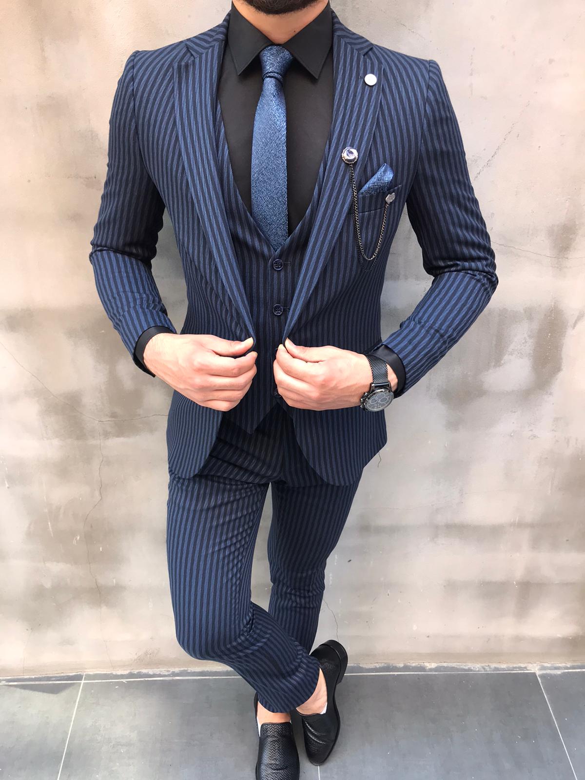 Livonia Navy Blue Slim Fit Striped Suit - Bespoke Daily