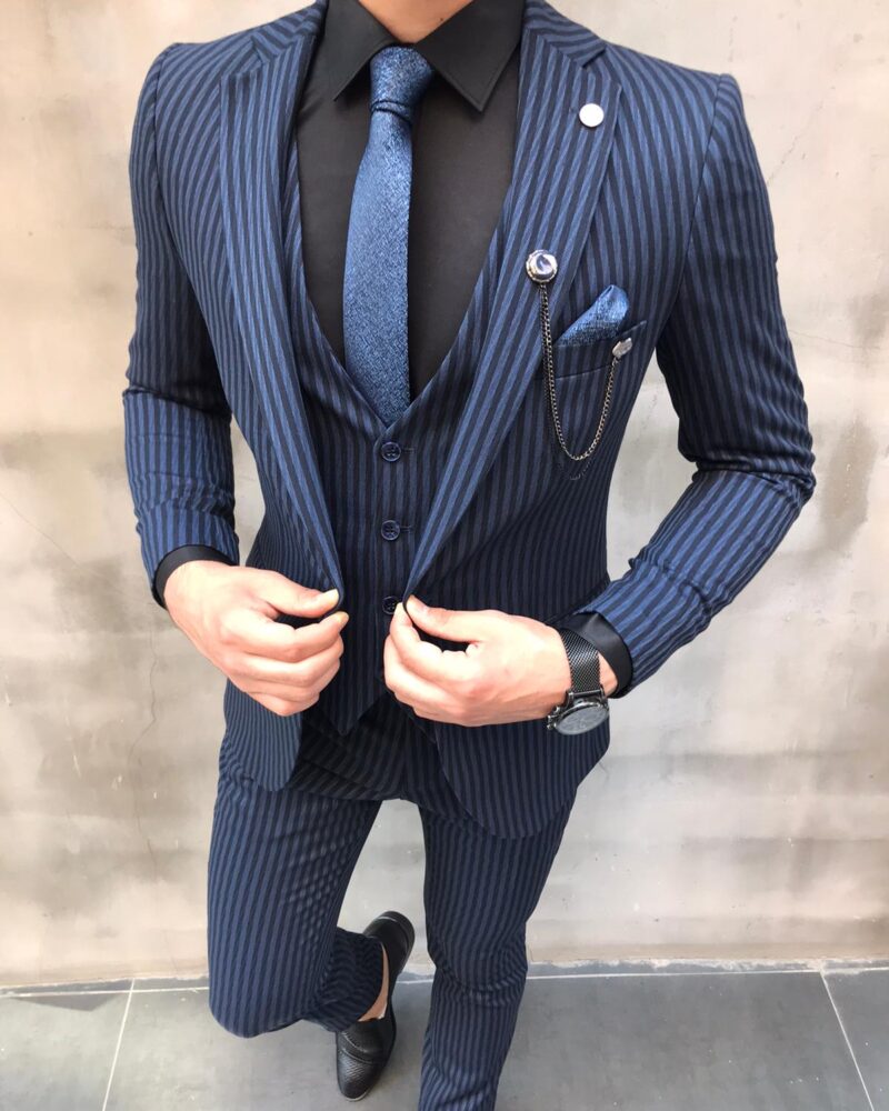 Livonia Navy Blue Slim Fit Striped Suit - Bespoke Daily