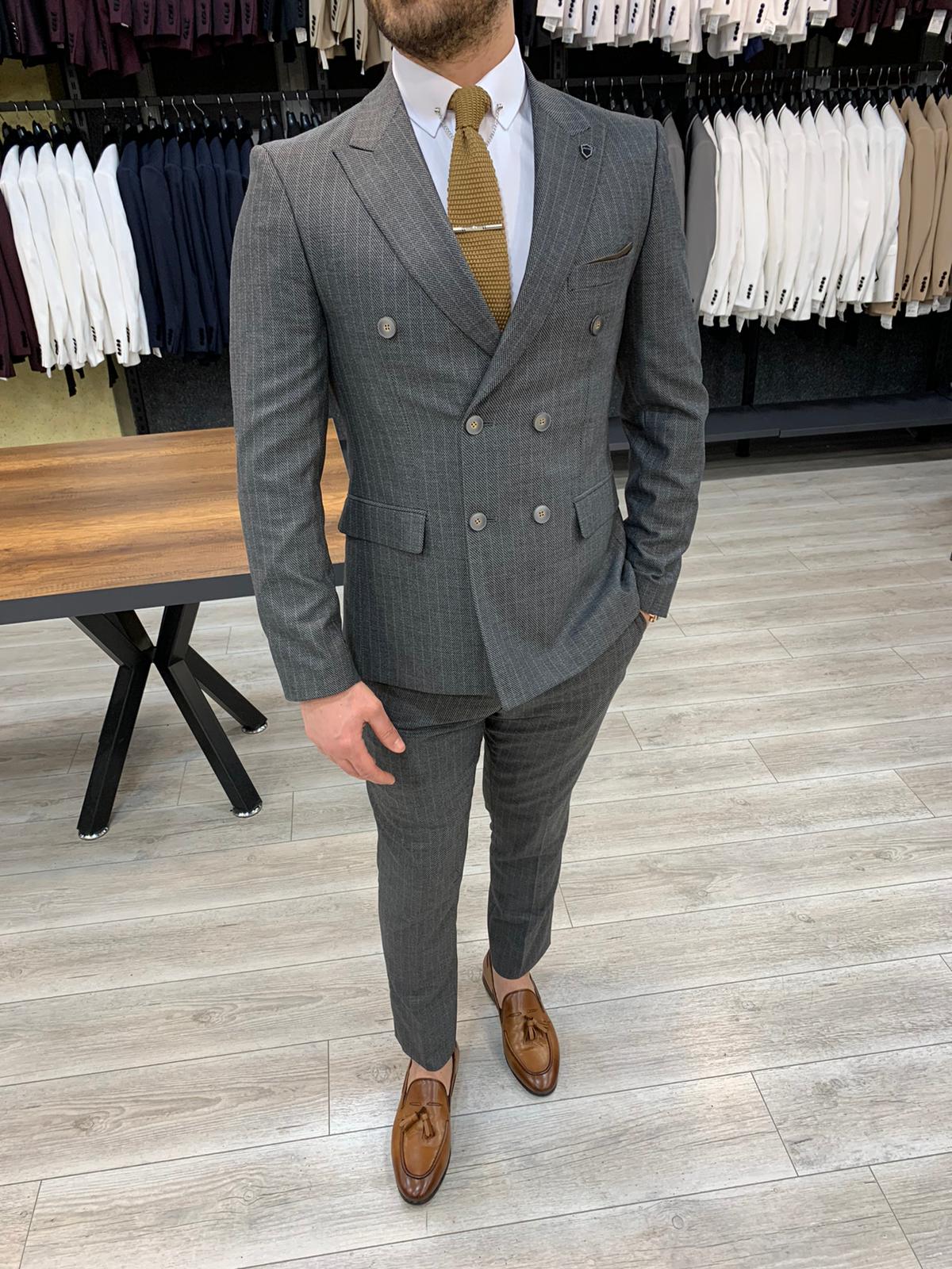 Salem Gray Slim Fit Double Breasted Suit - Bespoke Daily