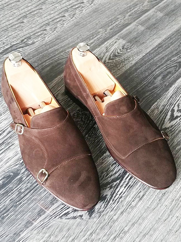 Handmade Brown Suede Leather Double Monk Strap Loafers by BespokeDailyShop.com with Free Worldwide Shipping