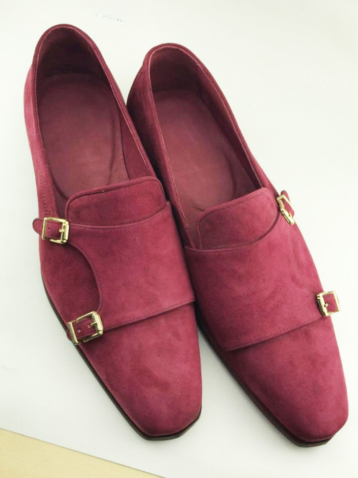 Handmade Burgundy Suede Leather Double Monk Strap Loafers by BespokeDailyShop.com with Free Worldwide Shipping