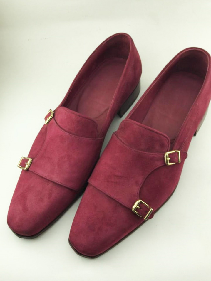 Handmade Burgundy Suede Leather Double Monk Strap Loafers by BespokeDailyShop.com with Free Worldwide Shipping