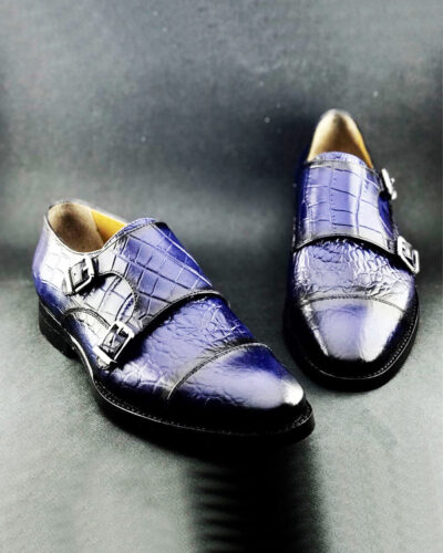 Handmade Blue Crocodile Embossed Leather Monk Strap Shoes by BespokeDailyShop.com with Free Worldwide Shipping