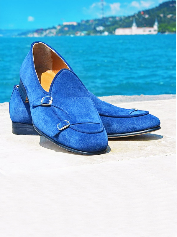 Buy Bespoke Handmade Blue Leather Double Monk Strap Loafers