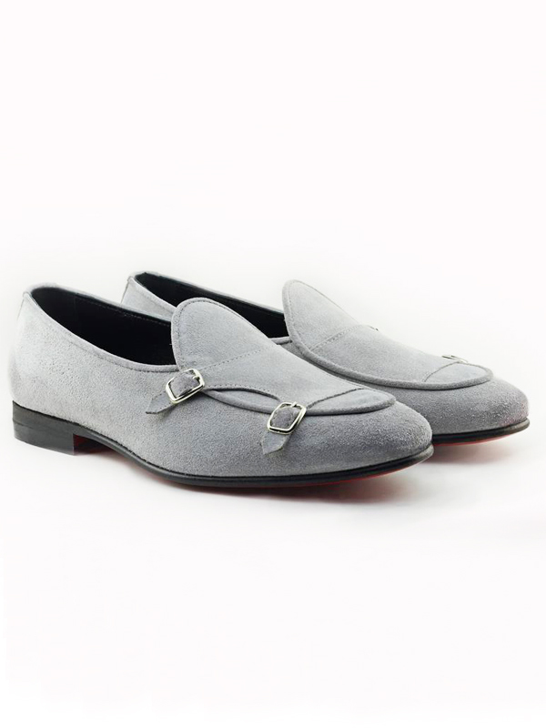 Handmade Gray Suede Leather Monk Strap Loafers by BespokeDailyShop.com with Free Worldwide Shipping