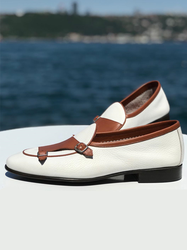 Handmade White Leather Monk Strap Loafers by BespokeDailyShop.com with Free Worldwide Shipping
