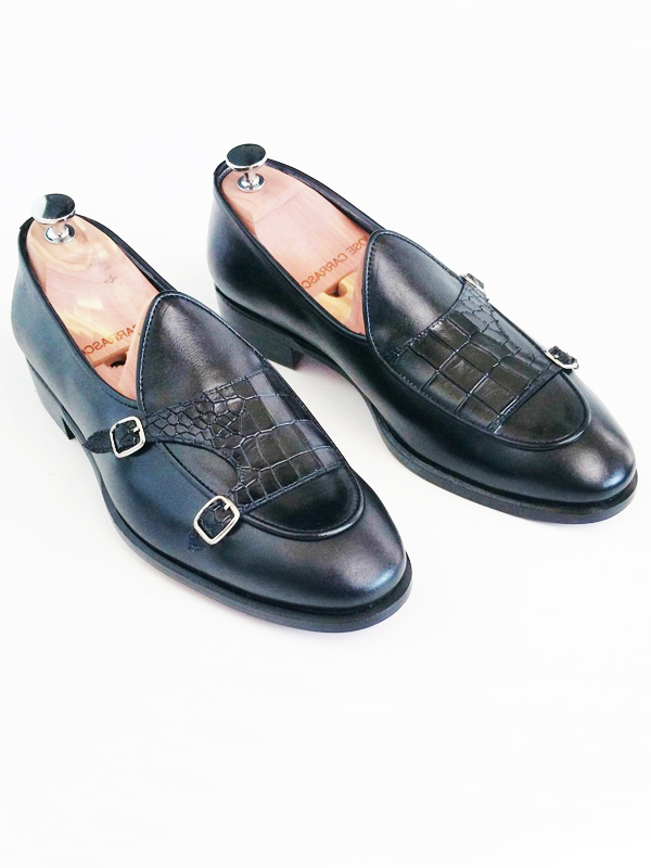 Black Leather Double Monk Strap Loafers by BespokeDailyShop.com with Free Worldwide Shipping