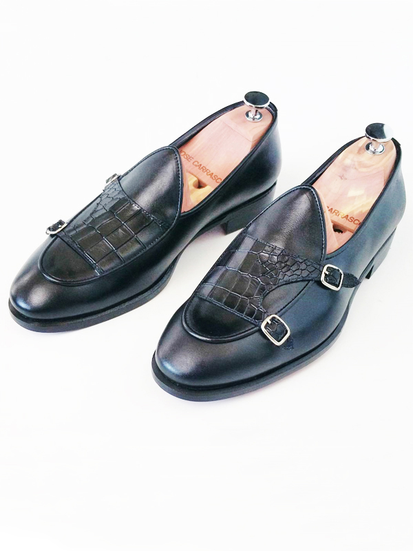 Black Leather Kilt Double Monk Strap Loafers by BespokeDailyShop.com with Free Worldwide Shipping