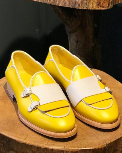 Yellow Leather Kilt Double Monk Strap Loafers by BespokeDailyShop.com with Free Worldwide Shipping