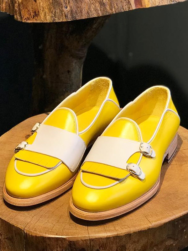 Yellow Leather Kilt Double Monk Strap Loafers by BespokeDailyShop.com with Free Worldwide Shipping