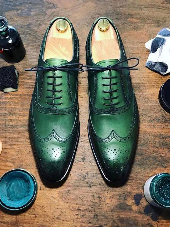 Handmade Green Wing Tip Oxfords by BespokeDailyShop.com with Free Worldwide Shipping