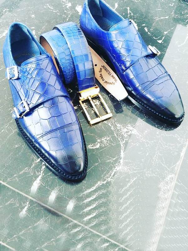Blue Crocodile Embossed Leather Monk Strap Shoes by BespokeDailyShop.com with Free Worldwide Shipping