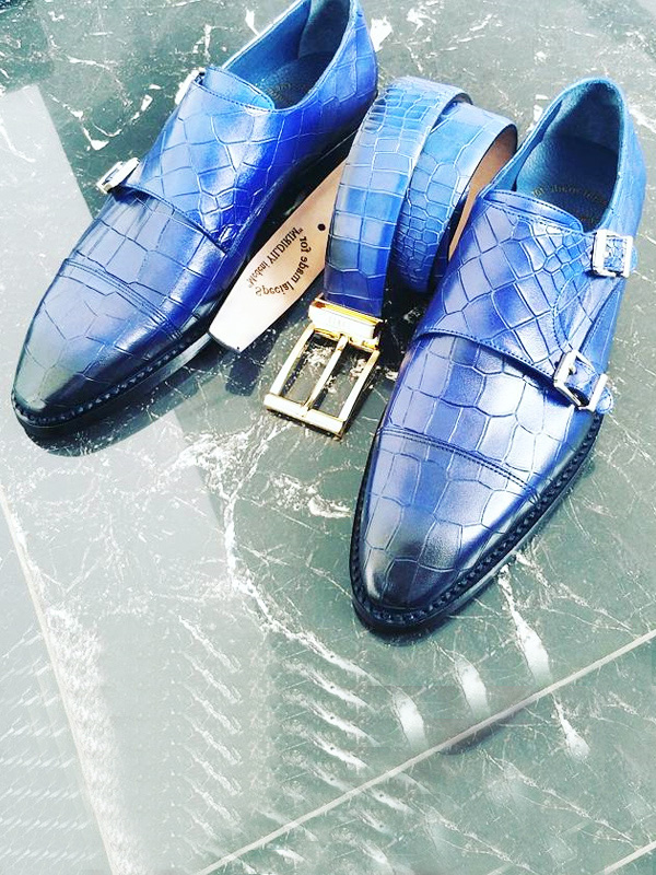 Blue Crocodile Embossed Leather Monk Strap Shoes by BespokeDailyShop.com with Free Worldwide Shipping
