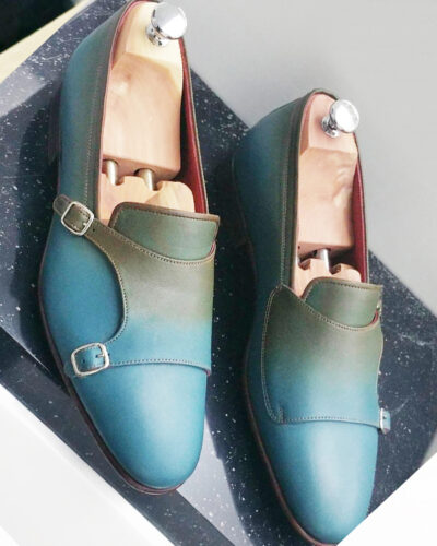 Handmade Turquoise Leather Double Monk Strap Loafers by BespokeDailyShop.com with Free Worldwide Shipping