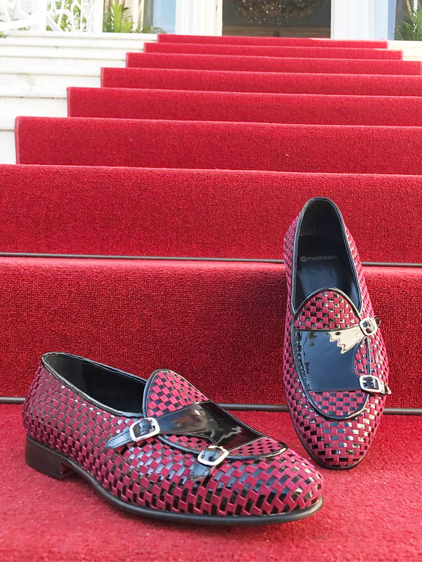 Handmade Crimson Woven Leather Monk Strap Loafers by BespokeDailyShop.com with Free Worldwide Shipping