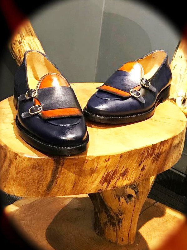 Handmade Navy Blue Leather Kilt Double Monk Strap Loafers by BespokeDailyShop.com with Free Worldwide Shipping