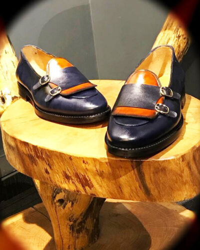 Handmade Navy Blue Leather Kilt Double Monk Strap Loafers by BespokeDailyShop.com with Free Worldwide Shipping