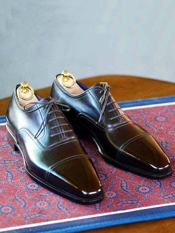 Handmade Black Whole-cut Cap Toe Oxfords by BespokeDailyShop.com with Free Worldwide Shipping